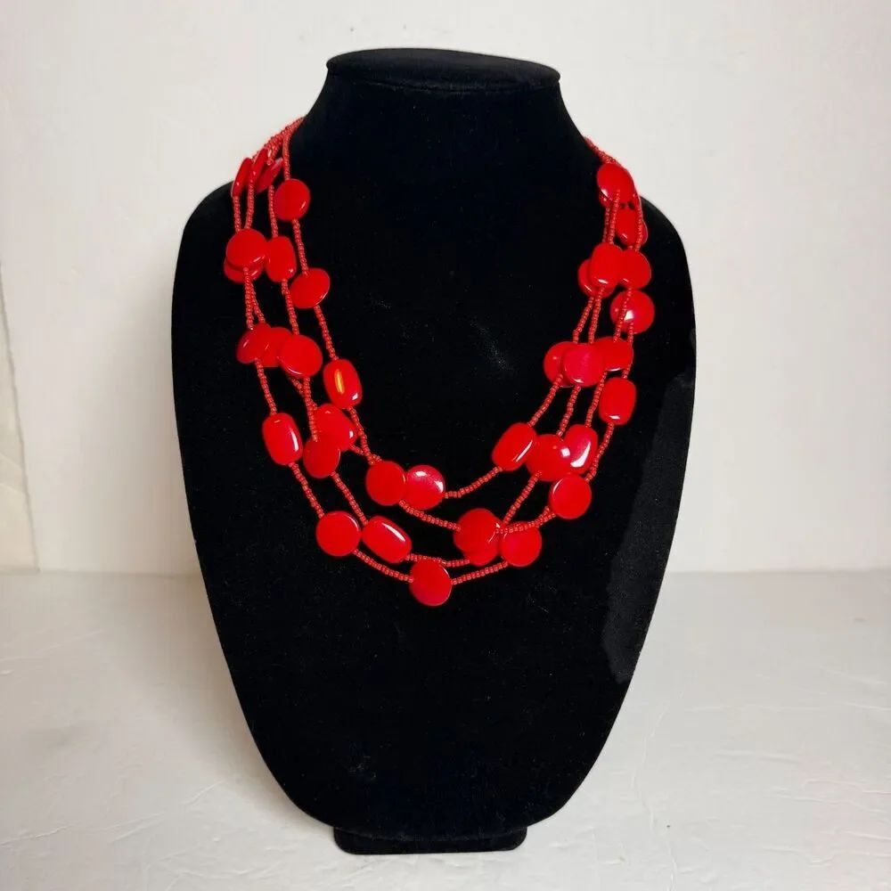 M Haskell New With Tags Red Multi Strand Beaded Statement Necklace 24"